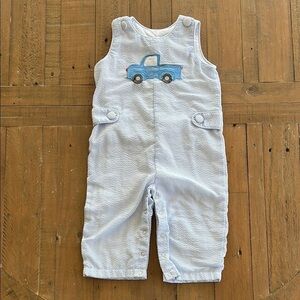 Stitchy fish blue seersucker truck embroidered overalls